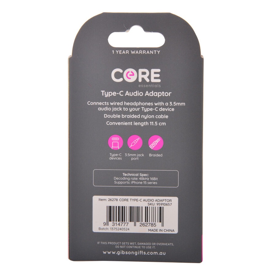 Core Essentials 3.5mm Jack to Type-C Audio Adaptor Aux Stereo Converter Black