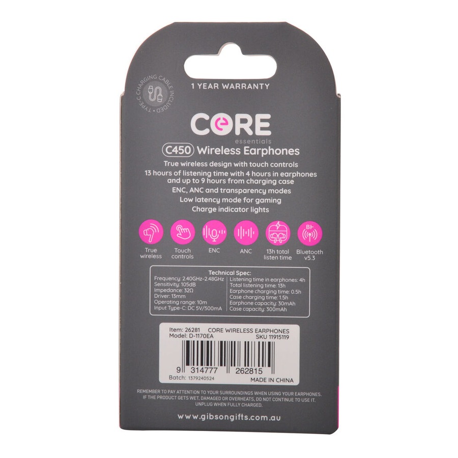 Core Essentials C450 In-Ear Wireless Earphones/Earbuds Noise Cancelling Black