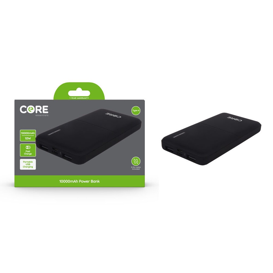 Core Essentials USB-A 10000mAh Power Bank Portable Fast-Charge 10W Black