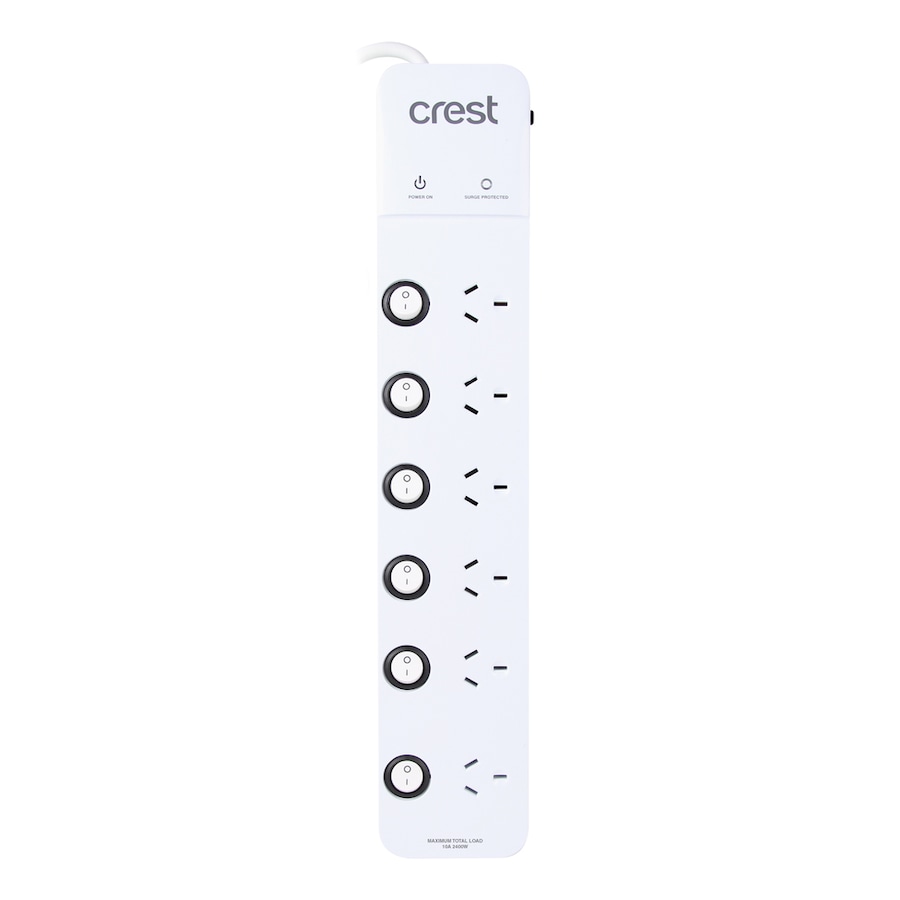 Crest Surge Protected 6-Socket Power Board Strip w/ 6 Individual Switches White