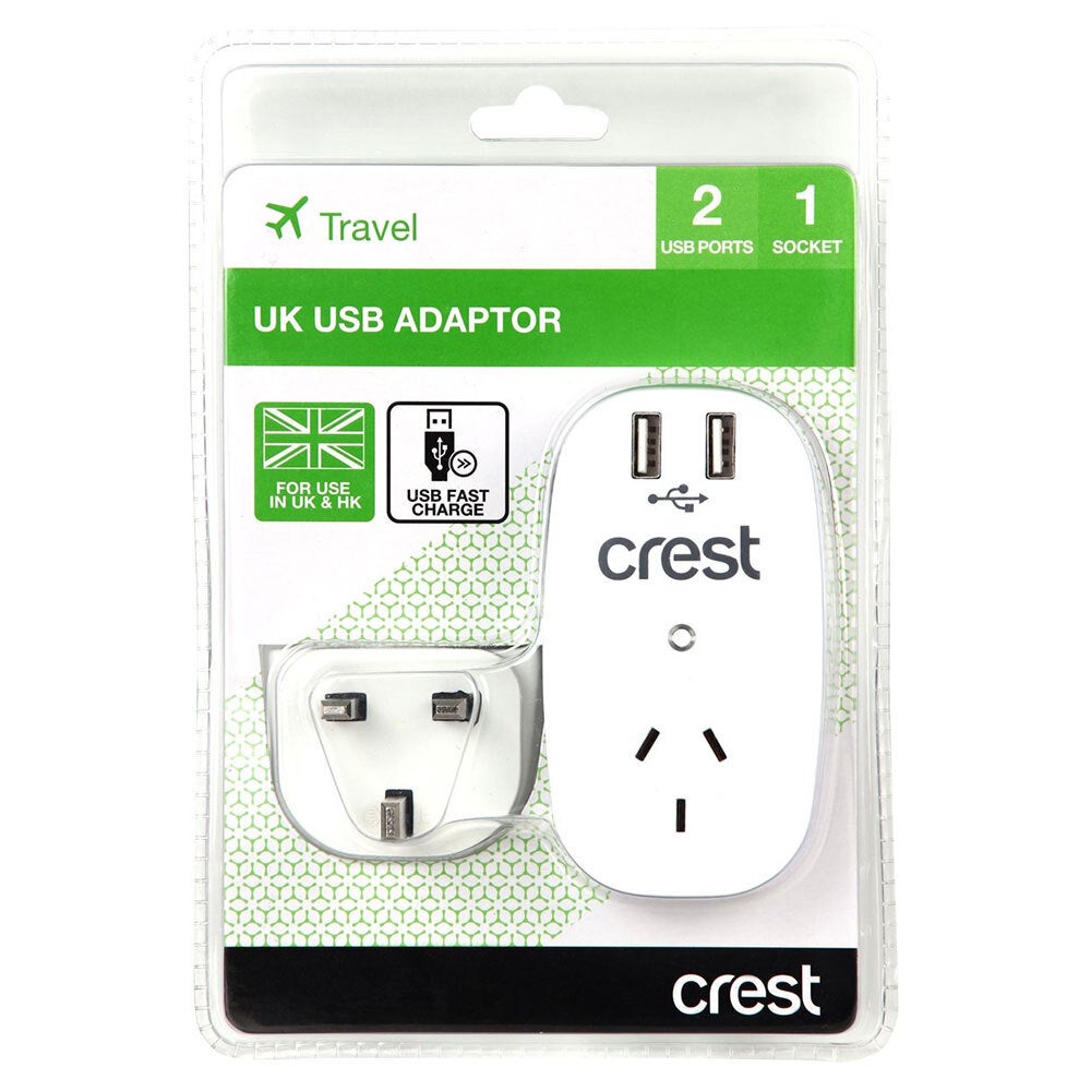 Crest Travel Electrical UK/HK/MY/SG 2 USB Fast Charge Port Adapter/AU Socket