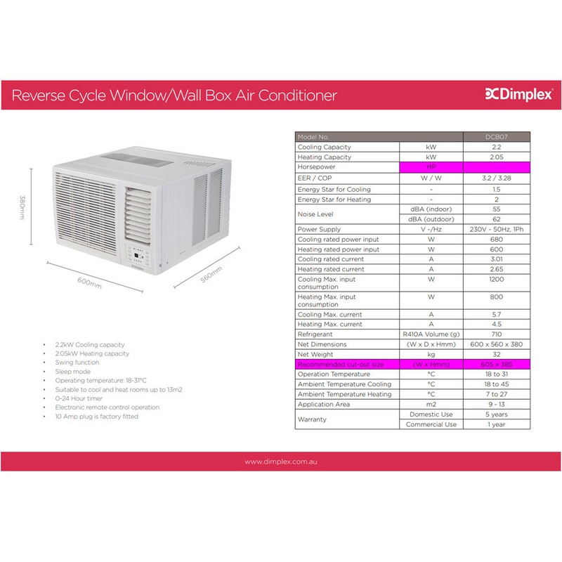 Buy Dimplex 2.2kW Cooling/2.05kW Heating AC Reverse Window Wall Box Air