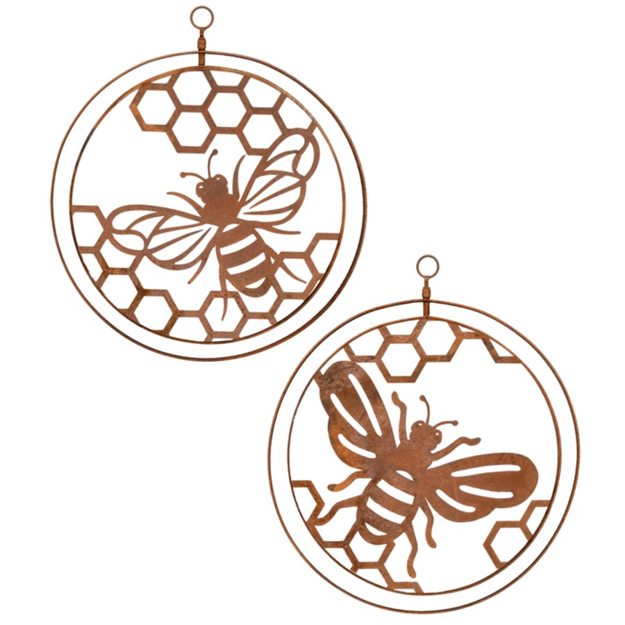 Double Ring Bee 34cm Corten Steel Outdoor Ornament Garden Patio Decor Assorted