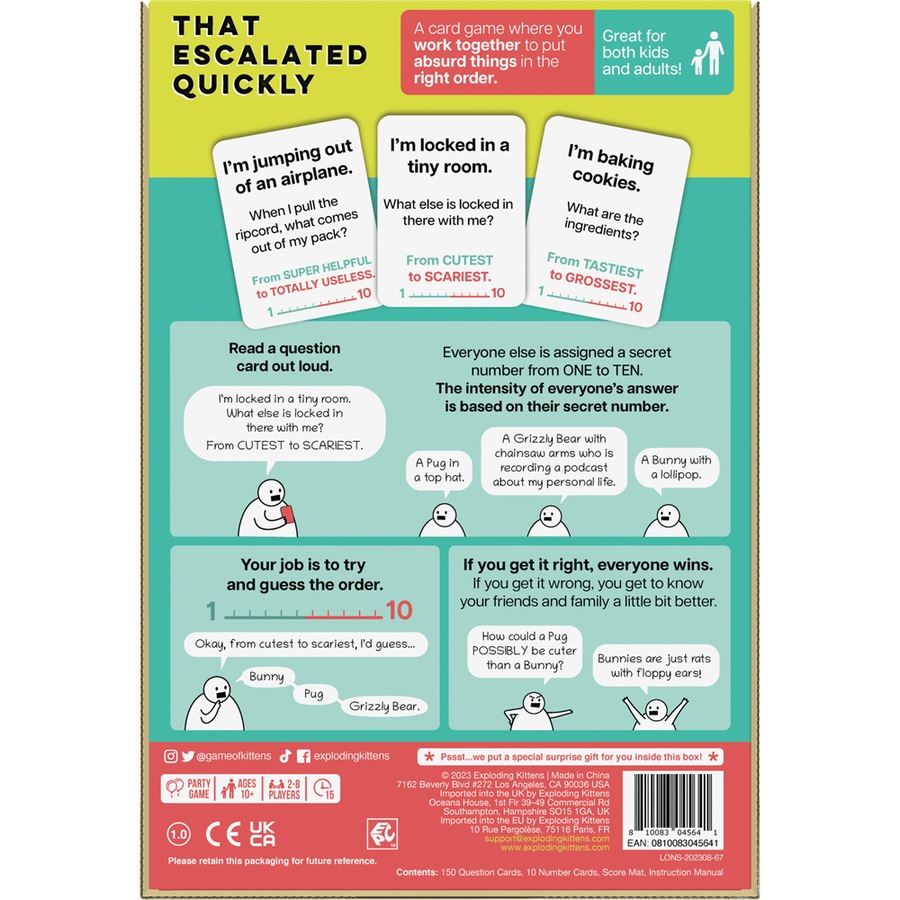 Exploding Kittens That Escalated Quickly Party Card Deck Game w/ Score Mat 10y+