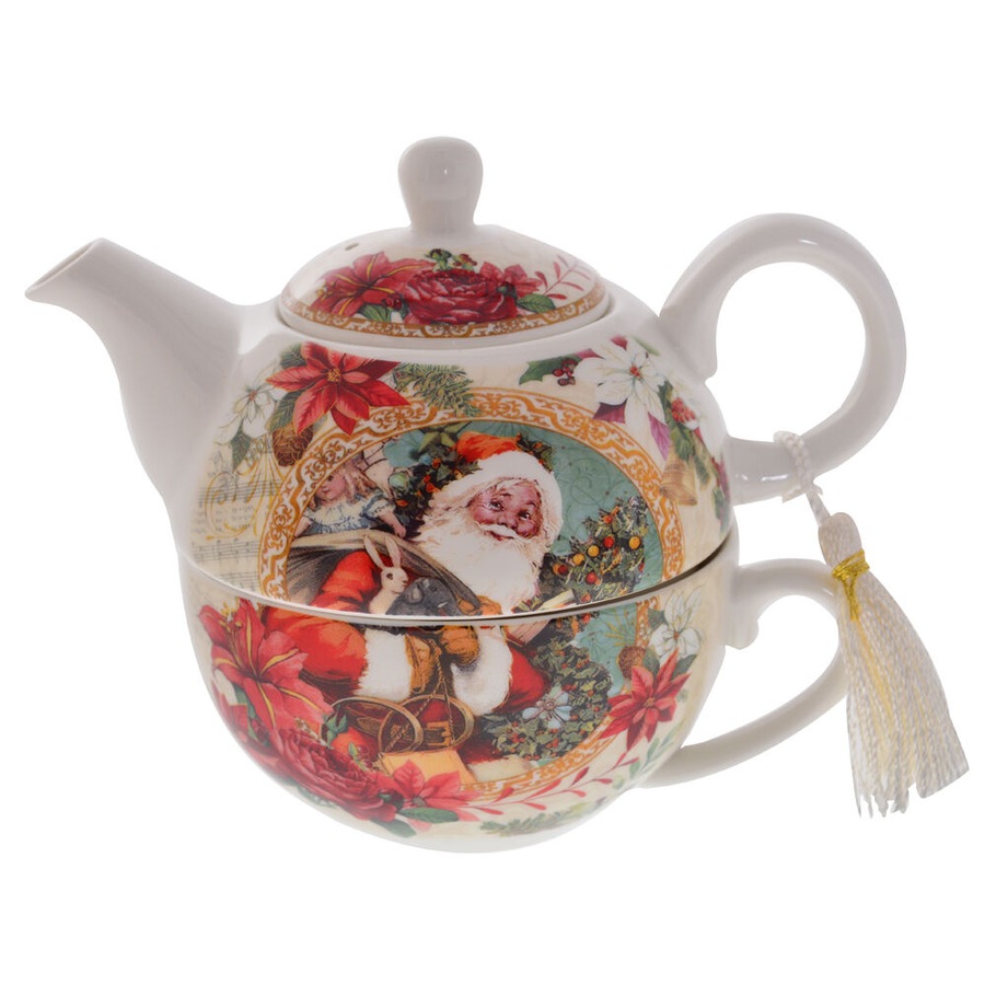 Gibson Gifts Vintage Santa Christmas Bone China Tea Set For One w/ Teapot & Cup