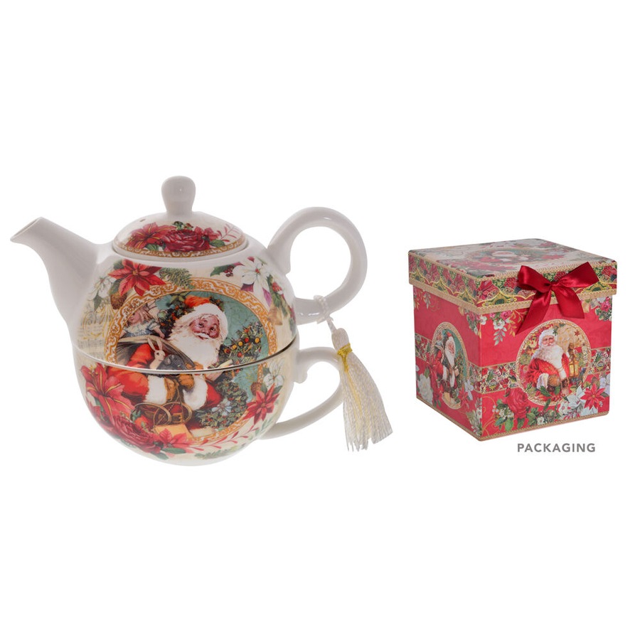 Gibson Gifts Vintage Santa Christmas Bone China Tea Set For One w/ Teapot & Cup