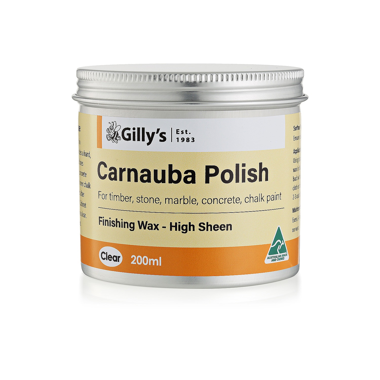 Gilly's 200ml Clear Carnauba Polish Finishing Wax High Sheen For Timber/Marble Australia