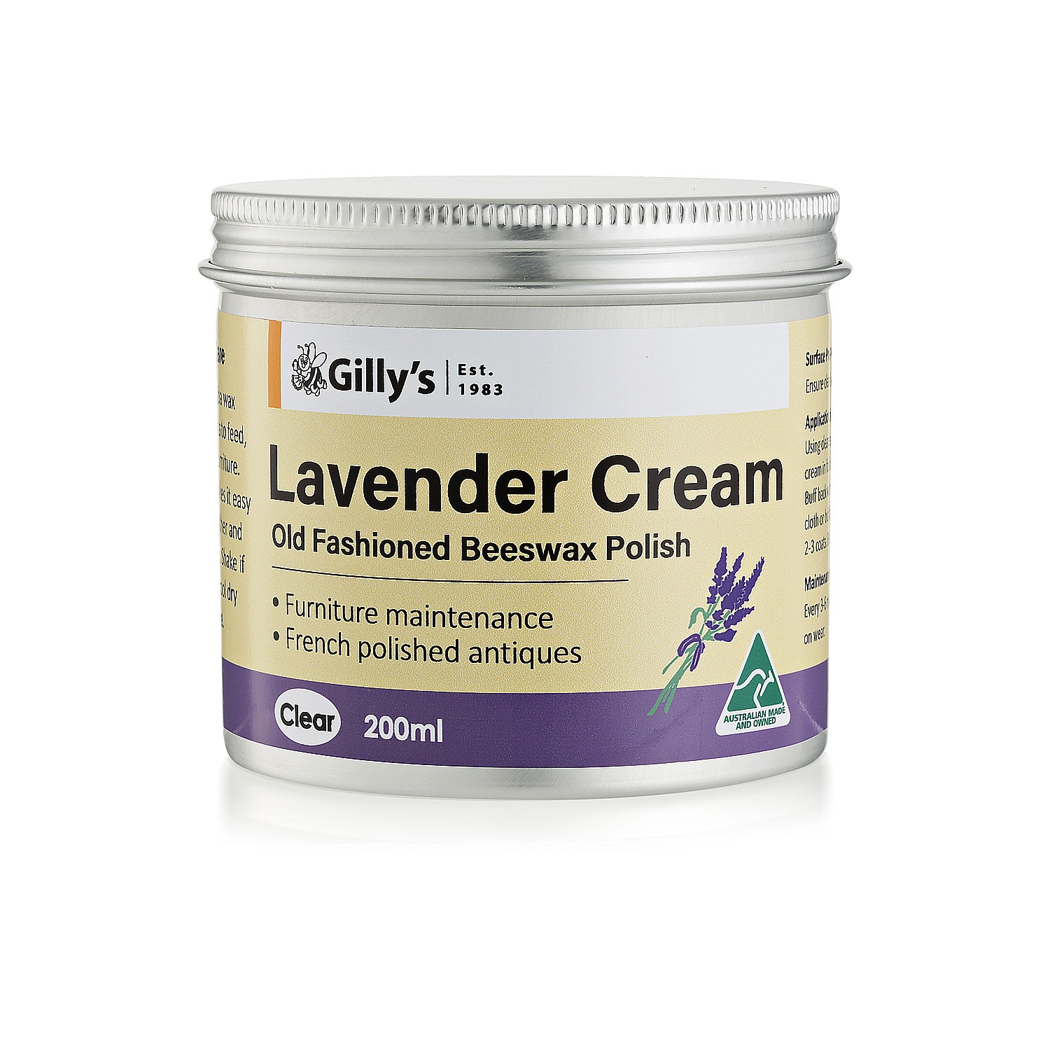 Gilly's 200ml Lavender Cream Light Beeswax Maintenance Polish For Furniture Australia
