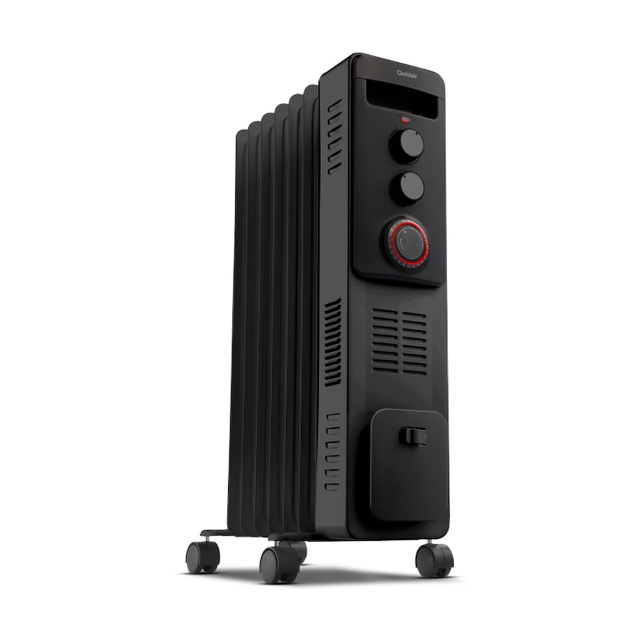 GOLDAIR 1900W Oil Column Heater With Timer Turbo 3 Heat Settings Adjustable Thermostat Fan Boost Safety Tilt Switch Overheat Protection Black Metal