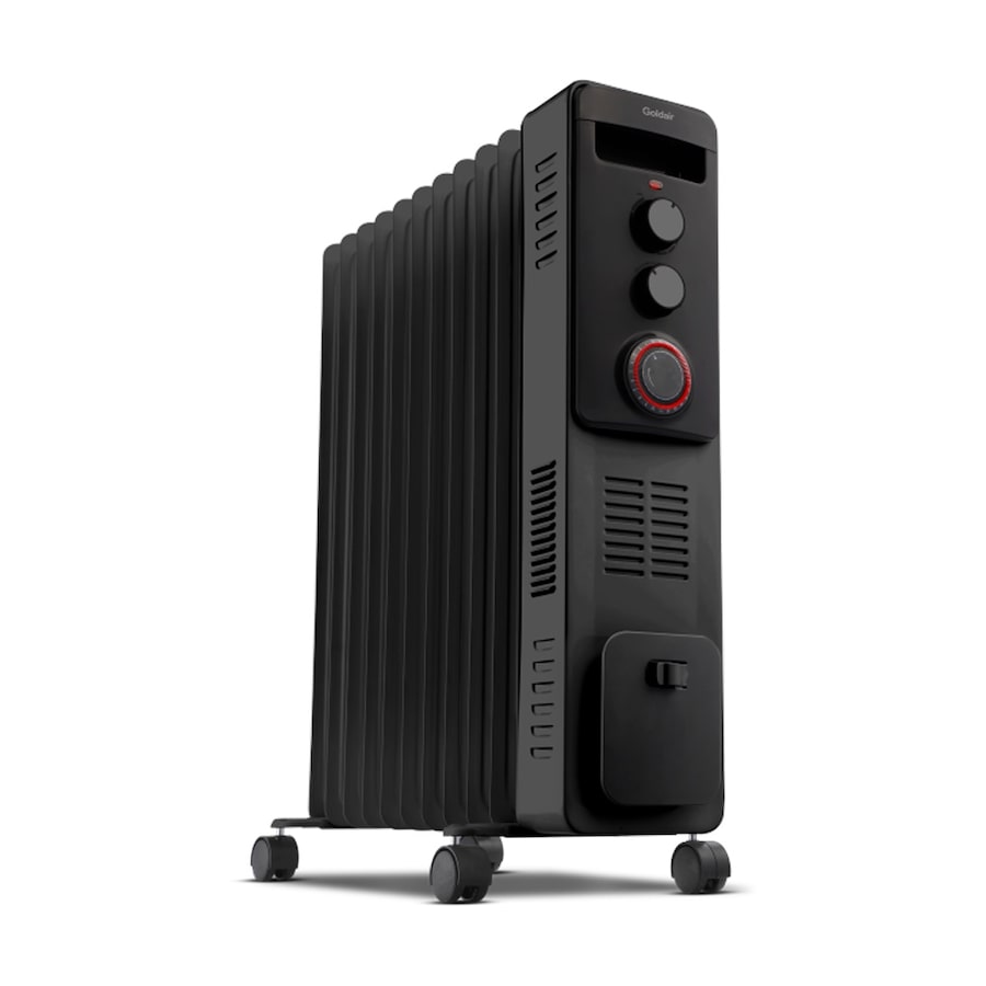 GOLDAIR 2400W Oil Column Heater With Timer Turbo 3 Heat Settings Adjustable Thermostat Fan Boost Safety Tilt Switch Overheat Protection Black Metal