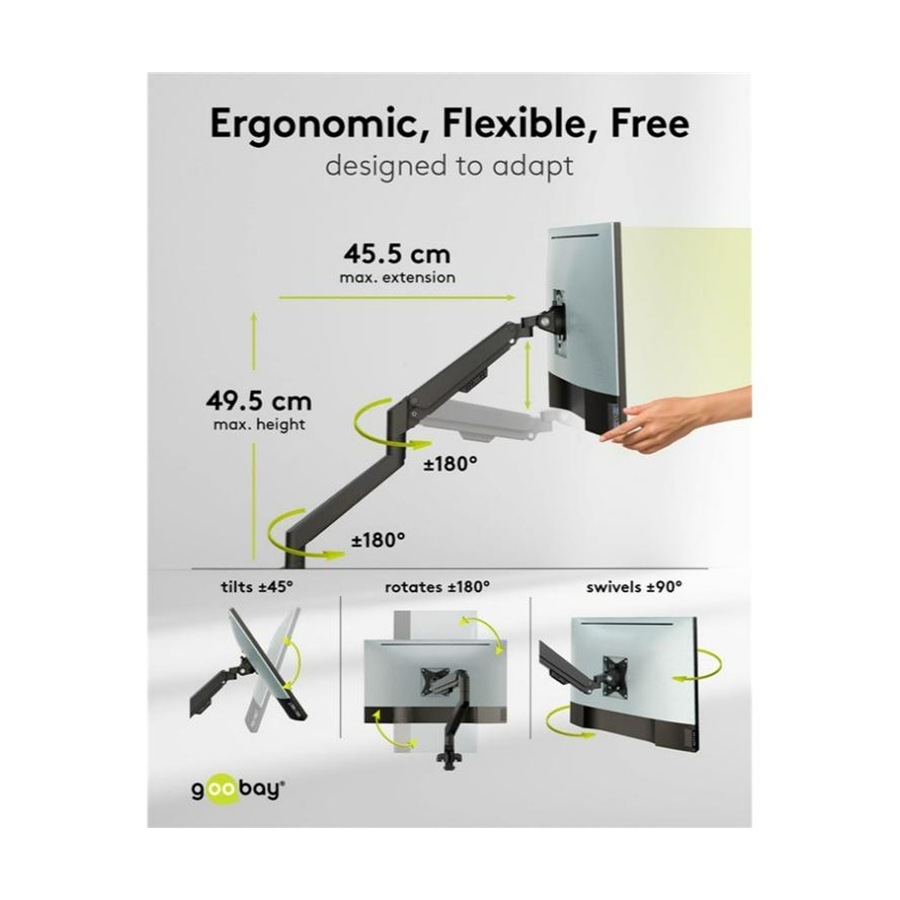 Goobay Monitor Mount single Gas PRO 17-32 Ergonomic Desk Stand - Black