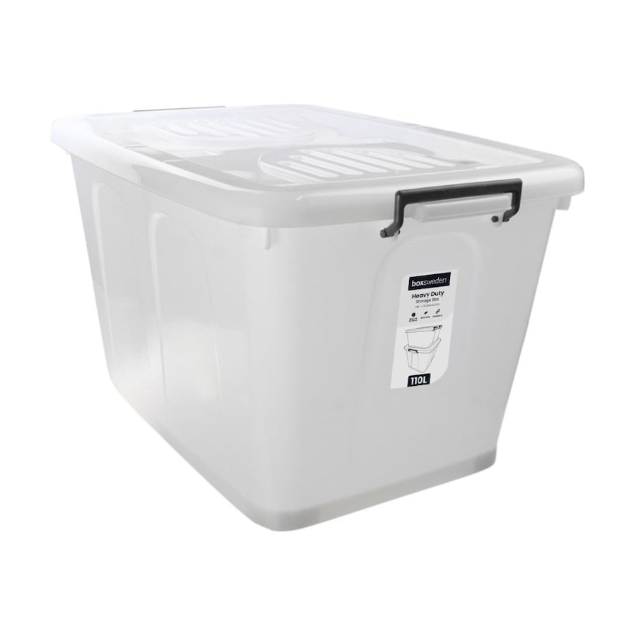 Heavy Duty Storage Box 110L 73.5x51x42cm Built-In Wheels Secure Clip Lock Lid Durable Plastic Boxsweden Storage Container for Home Organisation Warehouse Use.