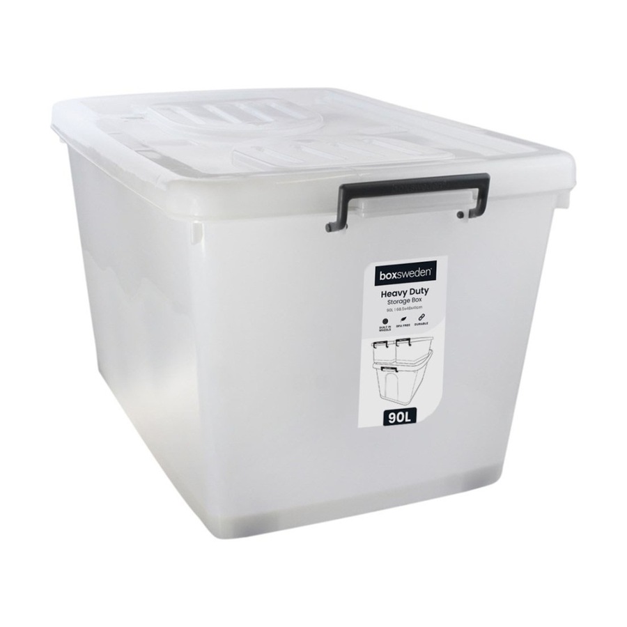 Buy Heavy Duty Storage Box 90L 68.5x48x41cm Built-In Wheels Secure Clip ...