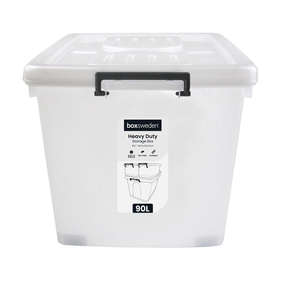 Buy Heavy Duty Storage Box 90L 68.5x48x41cm Built-In Wheels Secure Clip ...
