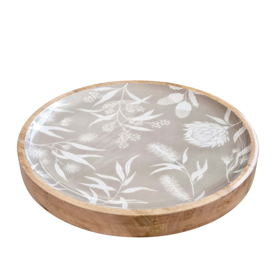 J.Elliot Home Bindi 38x4cm Round Serving Tray Plate Mango Wood/Enamel Grey Beige