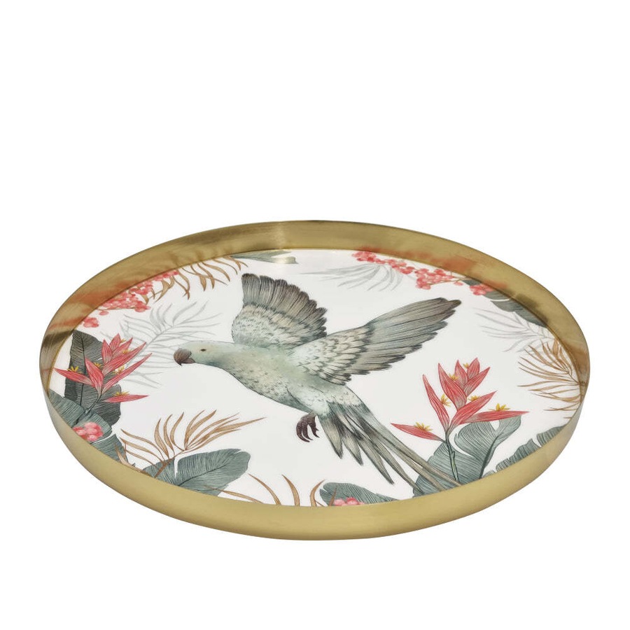 J.Elliot Home Tropical 35x2.5cm Round Serving Tray Metal & Enamel Large Gold