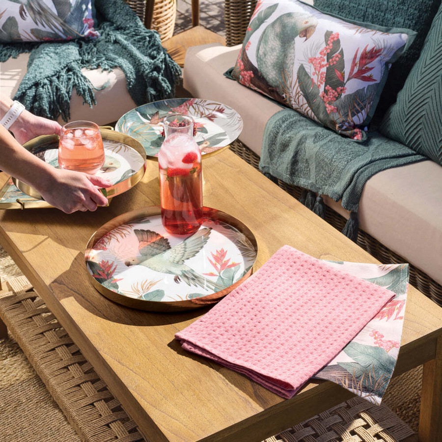 J.Elliot Home Tropical 35x2.5cm Round Serving Tray Metal & Enamel Large Gold