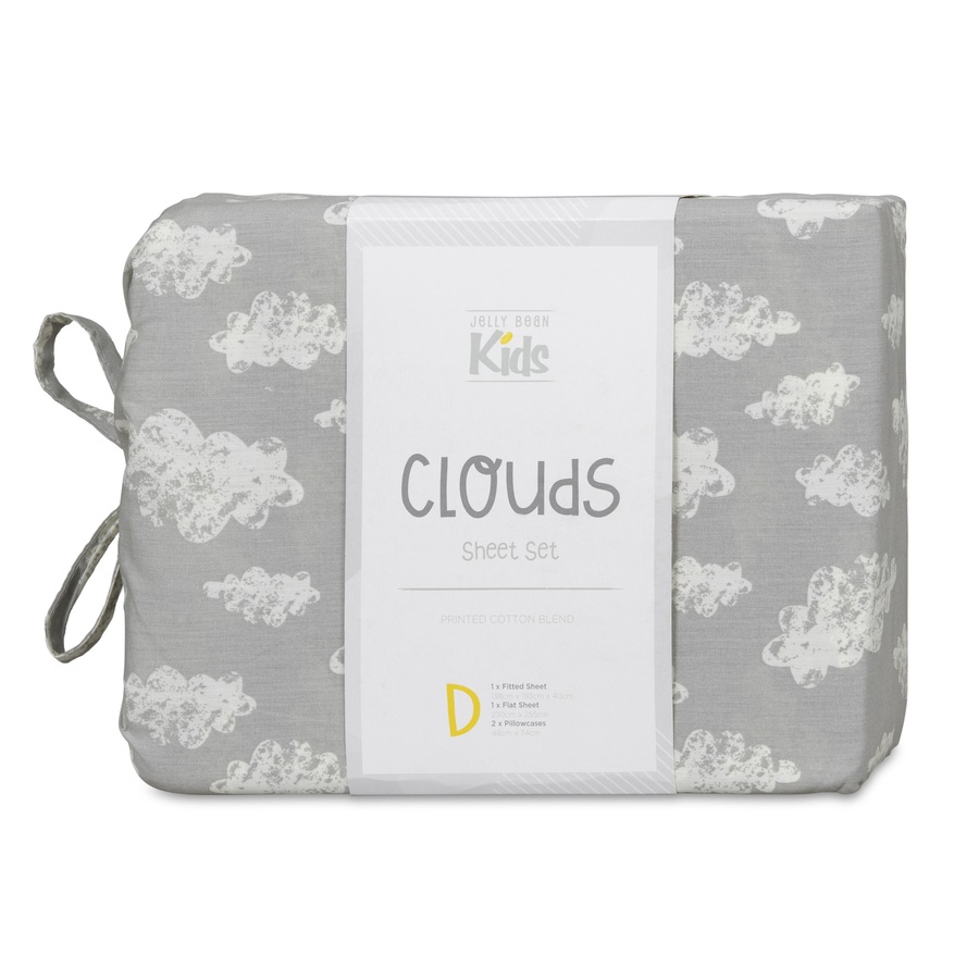 Jelly Bean Kids Clouds Single Bed Sheet Set Bedding Cover w/ Pillowcase Grey