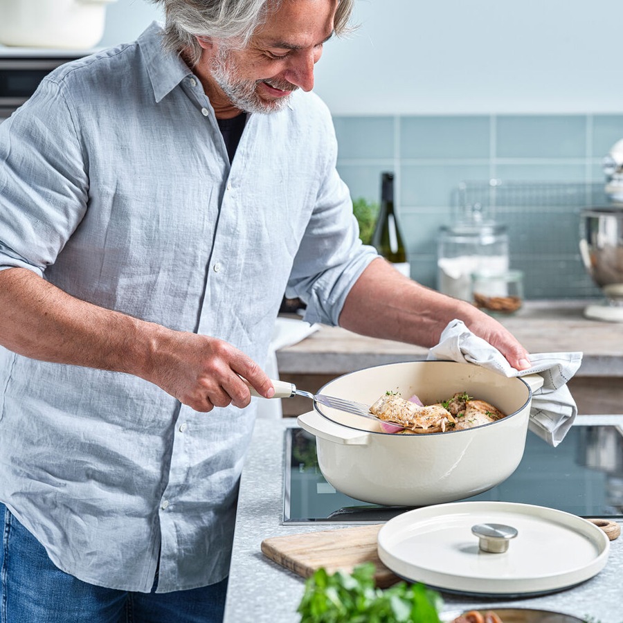 KitchenAid 30cm Cast Iron Non-Stick Oval Casserole Dish w/ Lid Almond Cream