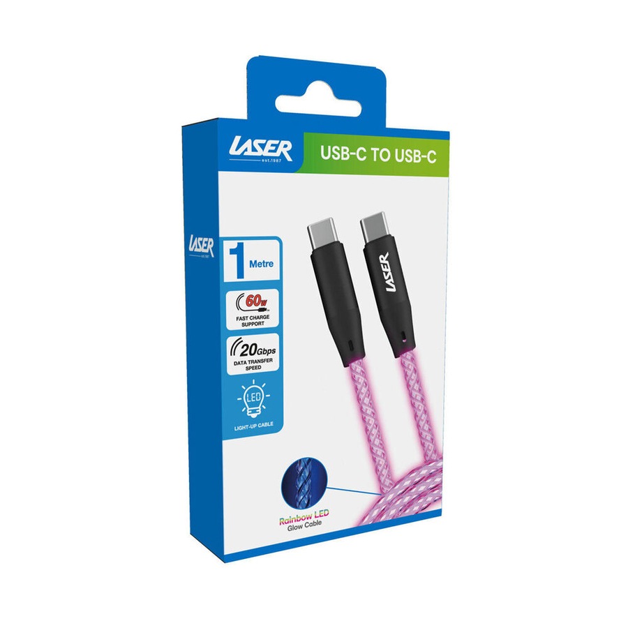 Laser 1m USB-C to C 60W Charging Cable for Samsung & iPhone 16 Rainbow