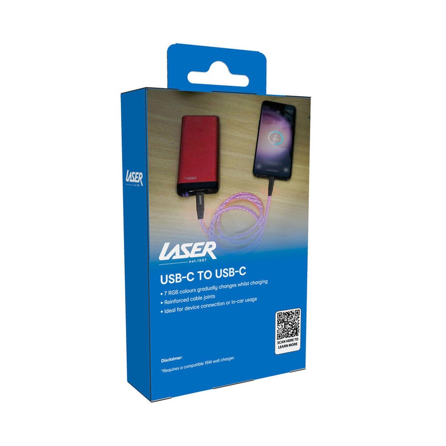 Laser 1m USB-C to C 60W Charging Cable for Samsung & iPhone 16 Rainbow