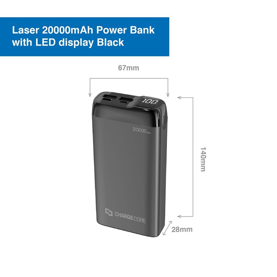 Laser 20000mAh Power Bank MicroUSB/Type C Portable External Battery Charger BLK