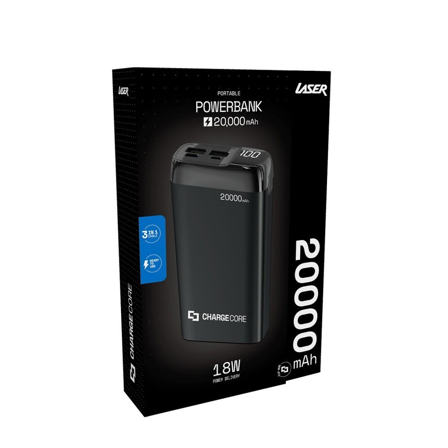 Laser 20000mAh Power Bank MicroUSB/Type C Portable External Battery Charger BLK