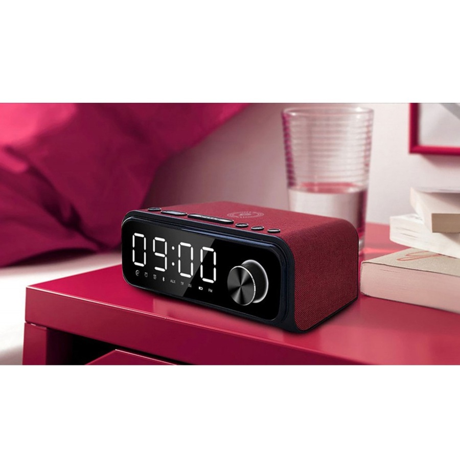Laser 4-in-1 Digital Alarm Clock Radio w/Qi Charging/Bluetooth Speaker/Mic Red