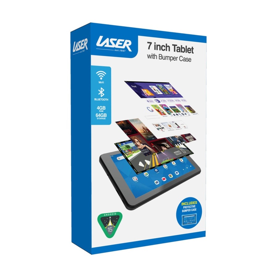 Laser Android 15 Tablet 4GB Ram 64GB Storage W/ Bumper Case 7 Inch Blue