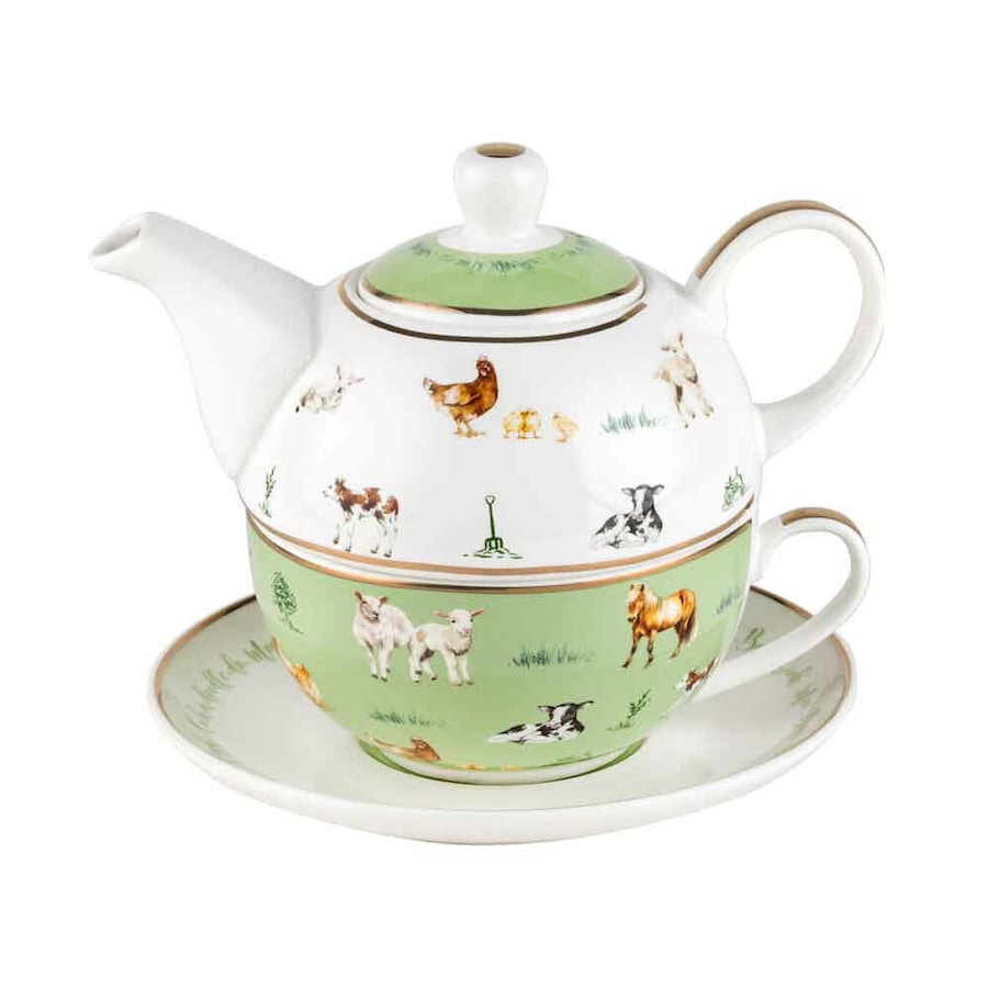 LMD Farm Lane New Bone China Tea For One Teapot Kettle w/ Saucer Set 410ml