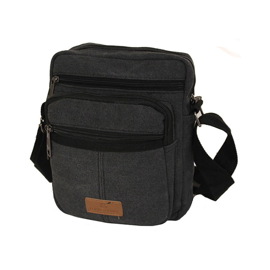 Louis Berry Canvas Mens Dual Zipper Cross Body Shoulder Bag 25x19cm Black