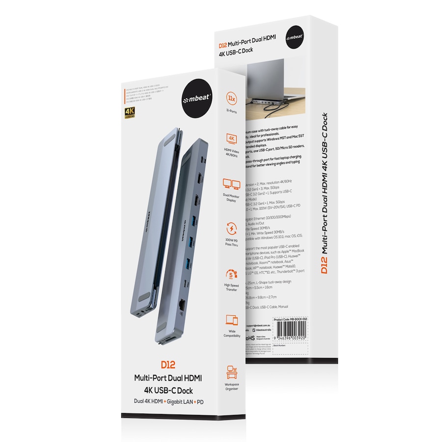 Mbeat D12 Multi-Port Dual HDMI 4K USB-C Compact Portable Docking Station