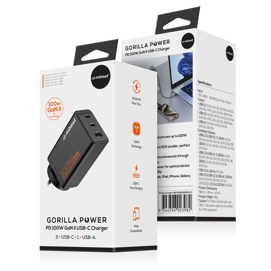 Mbeat Gorilla Power High-Speed Charging 100W Gan II USB-C Charging Plug