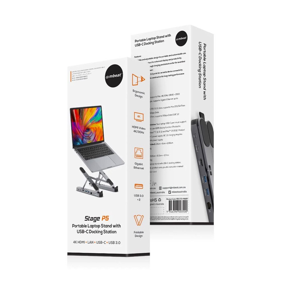 Mbeat Stage P5 Portable Laptop Stand with USB-C Docking Station - Space Grey