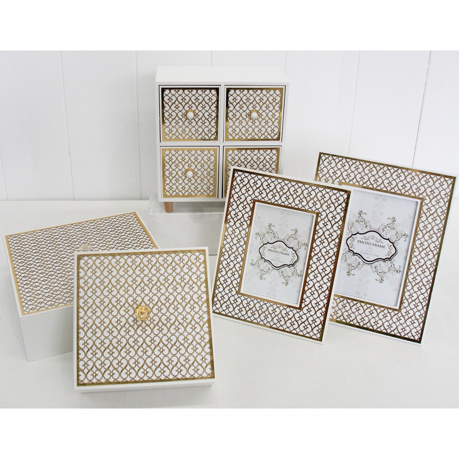 MDF/Glass 4x6" Lustre Photo Frame Decorative Tabletop Picture Display White/Gold