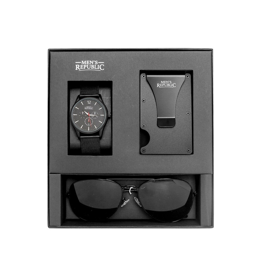 Men's Republic Quartz Watch Set with Card Wallet and Sunglasses - Black