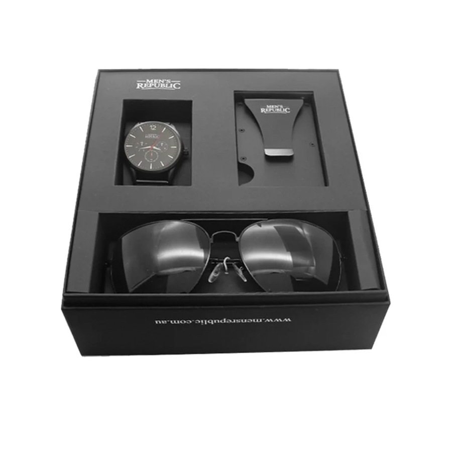 Men's Republic Quartz Watch Set with Card Wallet and Sunglasses - Black