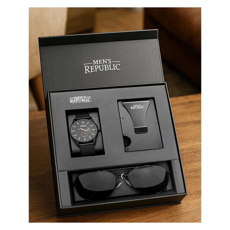 Men's Republic Quartz Watch Set with Card Wallet and Sunglasses - Black