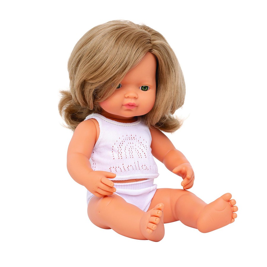 Miniland Baby Doll Caucasian Dark Blonde Girl 38cm Kids Pretend Play Toy 10m+