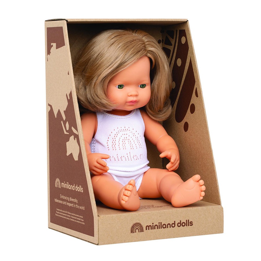 Miniland Baby Doll Caucasian Dark Blonde Girl 38cm Kids Pretend Play Toy 10m+