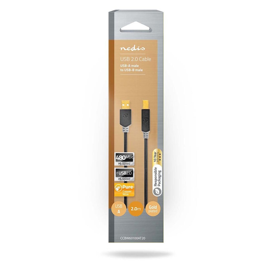 Nedis USB Cable USB-A Male to USB-B Male Data Transfer USB Cable 2.00m Grey