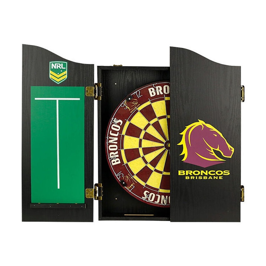 NRL Dartboard and Cabinet Set Brisbane Broncos Team Design Black Finish