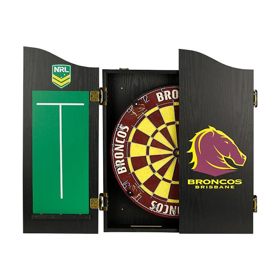 NRL Dartboard and Cabinet Set Brisbane Broncos Team Design Black Finish