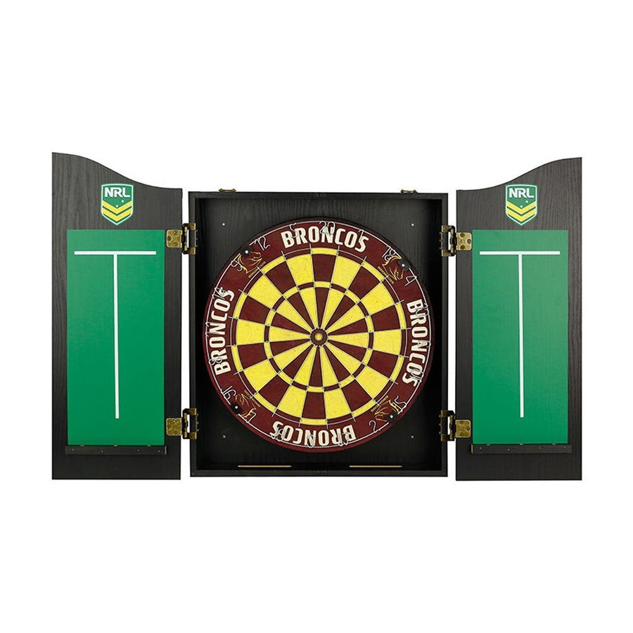 NRL Dartboard and Cabinet Set Brisbane Broncos Team Design Black Finish