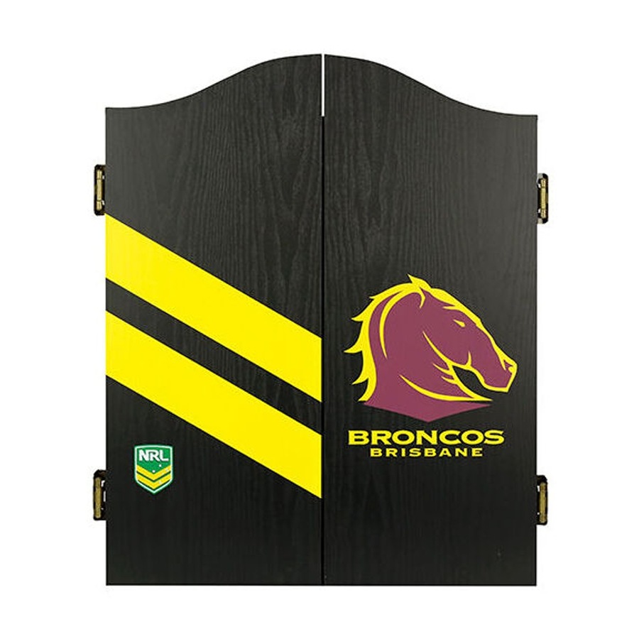 NRL Dartboard and Cabinet Set Brisbane Broncos Team Design Black Finish