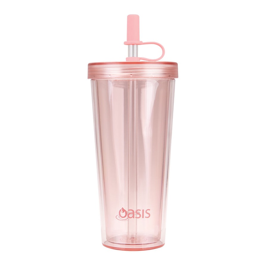 Oasis Reusable Tall Smoothie Tumbler w/ Straw Double Walled 520ml Strawberry