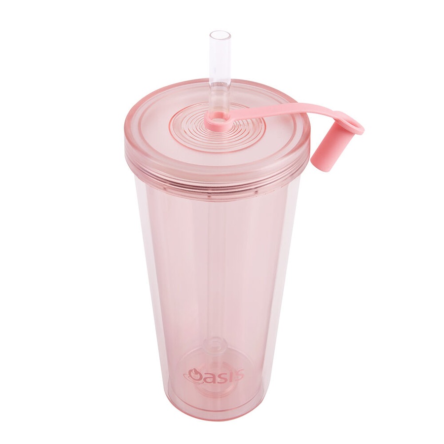 Oasis Reusable Tall Smoothie Tumbler w/ Straw Double Walled 520ml Strawberry