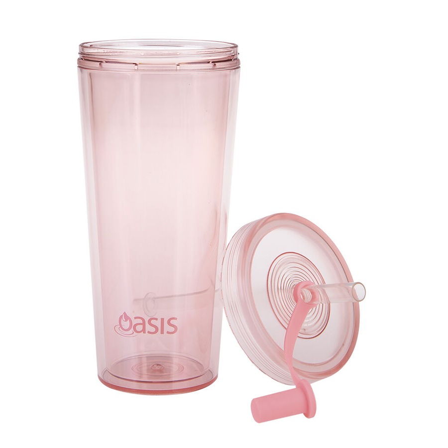 Oasis Reusable Tall Smoothie Tumbler w/ Straw Double Walled 520ml Strawberry