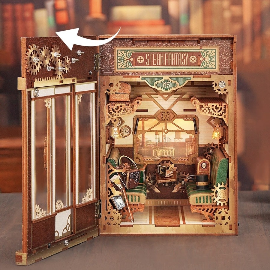 Pack of 436 436pc Tonecheer Steam Fantasy Train Cabin 3D LED Puzzle Kit Book Nook 15Y+