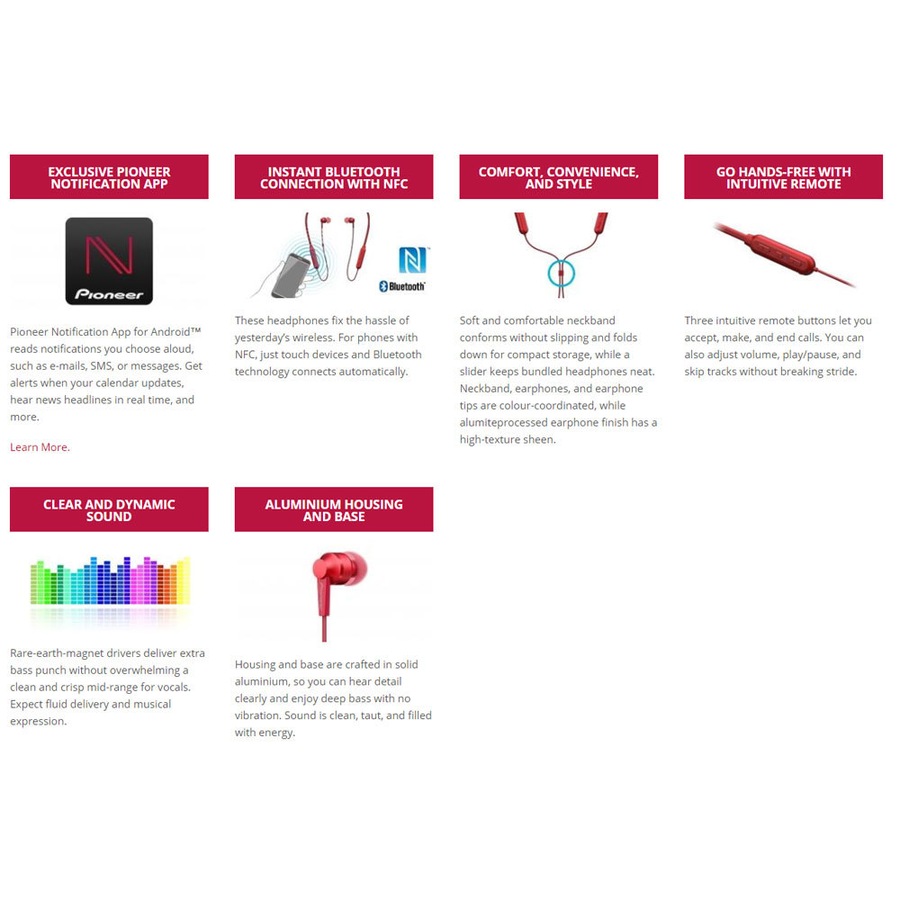 Pioneer Wireless Bluetooth In Ear Neckband Earphones Headphones/Headset Mic Red